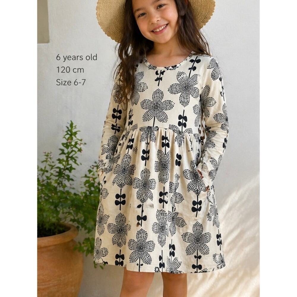 Hanna Andersson Floral Dress 6 7 Pockets Long Sleeve Cotton Classic Minimalist